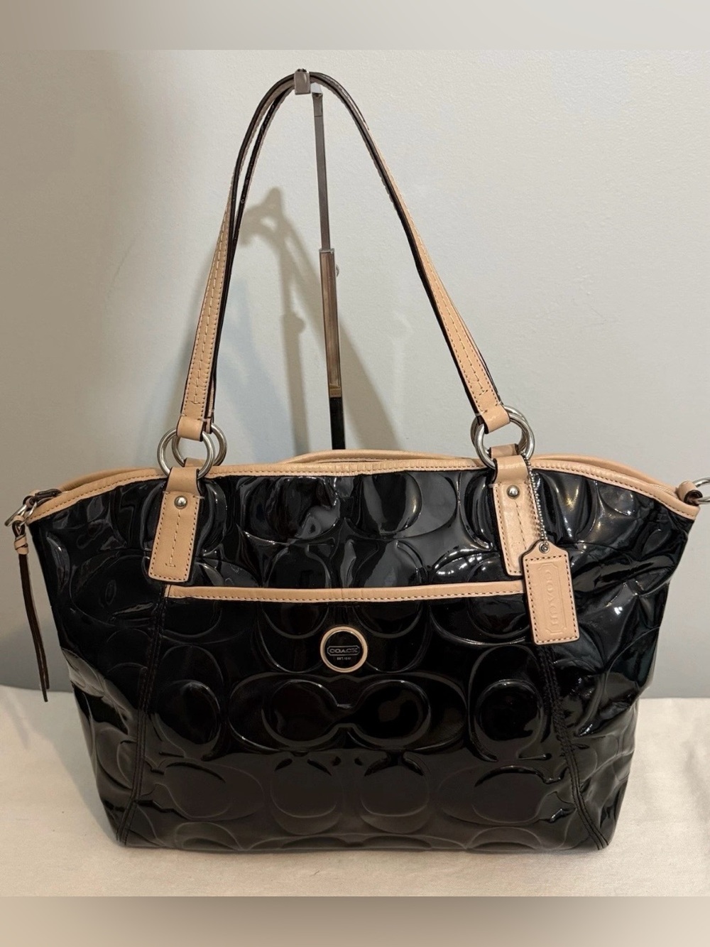 Coach Peyton Black Patent Leather Tote with Tan Trim